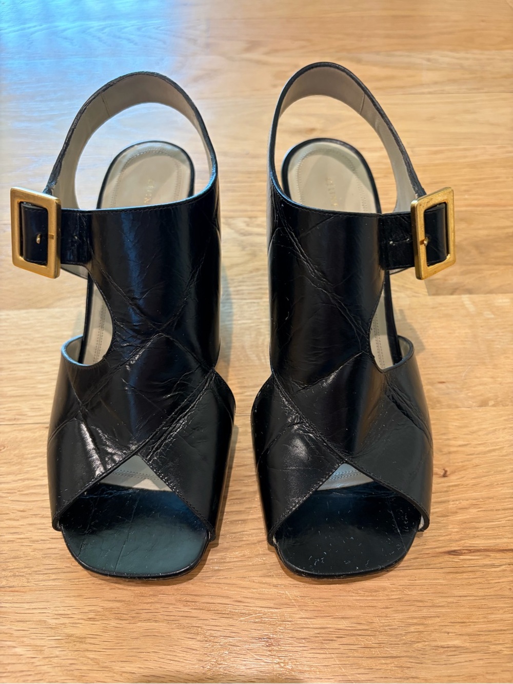 Celine Black Leather Open-Toe Slingback Heels with Gold Buckle